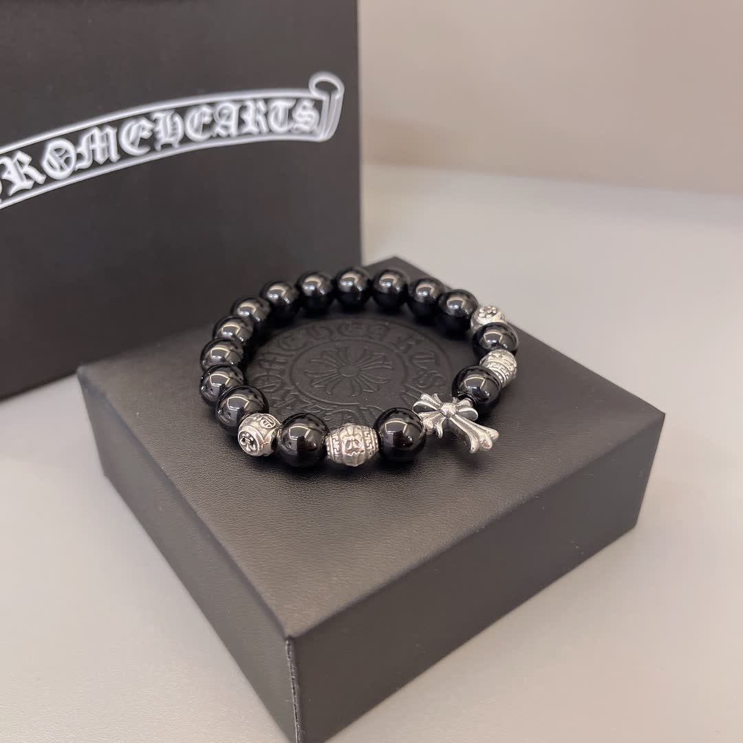 Chrome Hearts Black Bead Bracelet with Cross